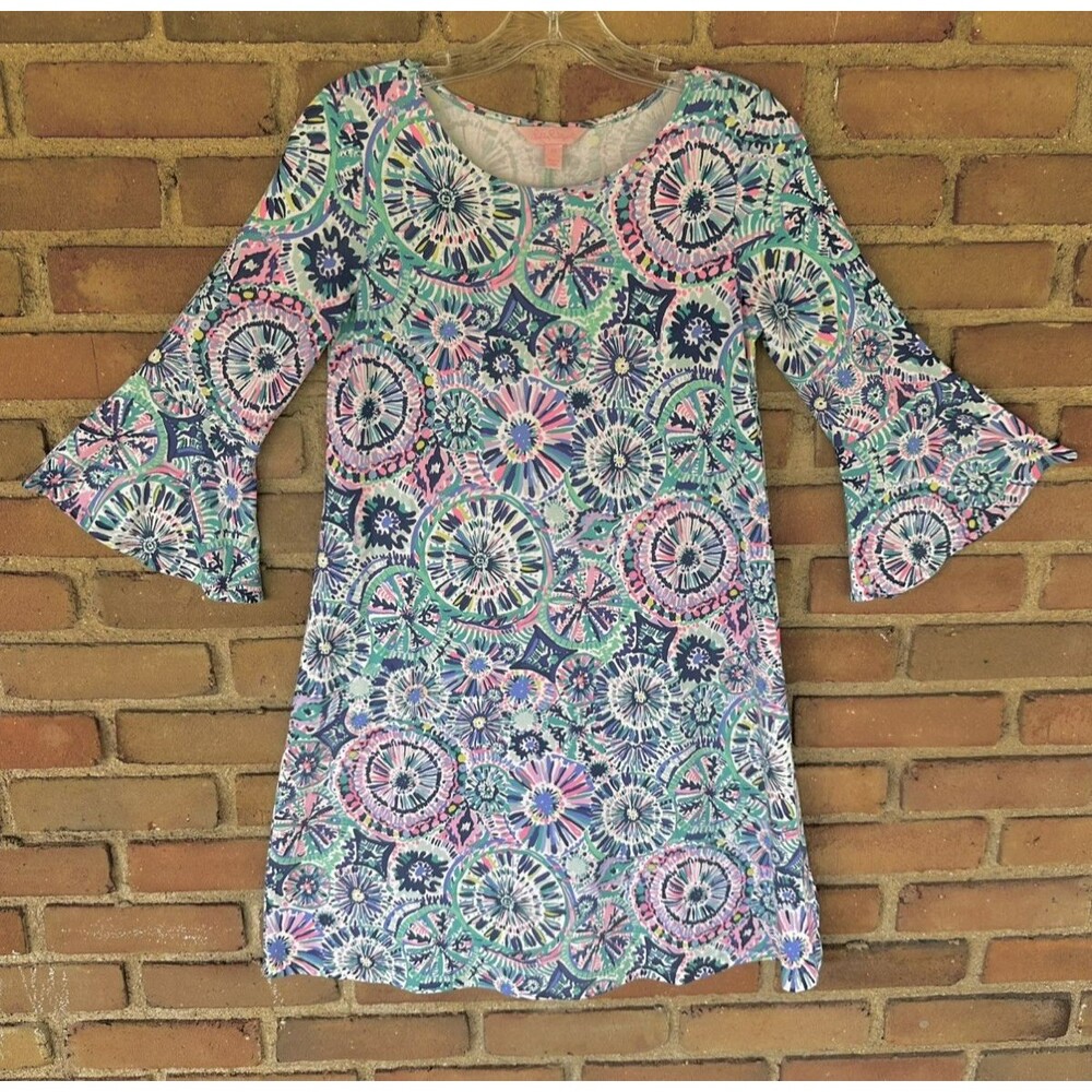 Lilly Pulitzer Ophelia Swing Dress Womens XS Bell Sleeve Geometric Floral 27881